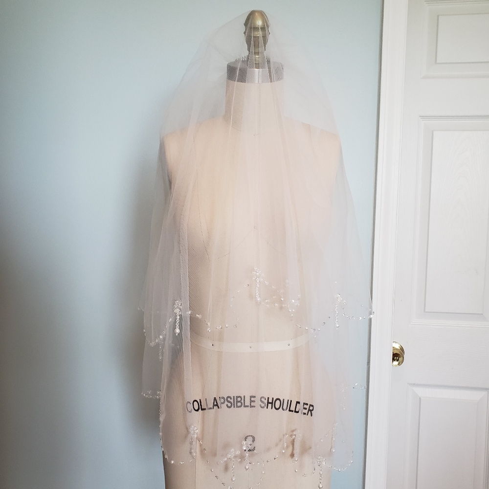 New White Bridal Veil with Beaded Edge